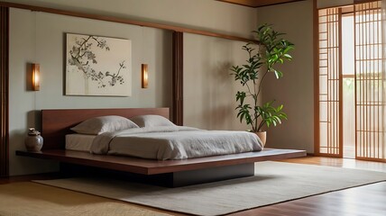 Floating platform bed in a serene Japanese-style bedroom