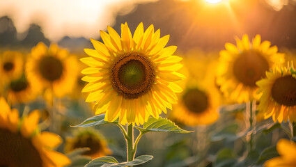 Fototapeta premium Bright yellow sunflowers bloom under a blue sky in a beautiful summer field, showcasing nature's vibrant agriculture
