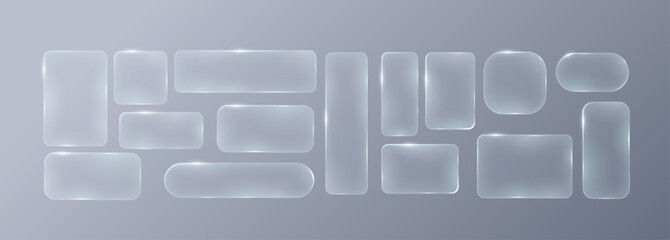 Set of frames and design UI UX elements in the style of liquid glass. Rectangular frosted glass elements. Modern and sleek design suitable for websites and user interfaces.