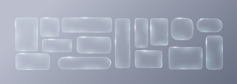 Set of frames and design UI UX elements in the style of liquid glass. Rectangular frosted glass elements. Modern and sleek design suitable for websites and user interfaces.