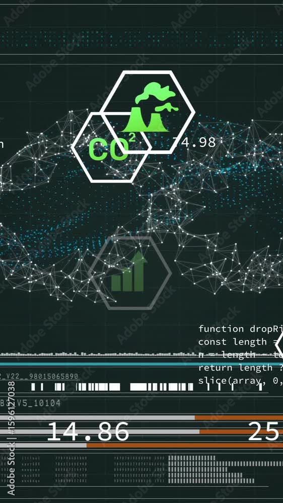 Poster animation of digital interface with sustainability icons and environmental data in network