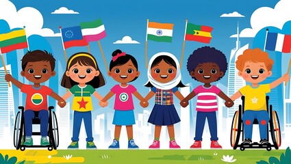 Diverse children holding hands and flags, embodying global unity and inclusivity in illustration art