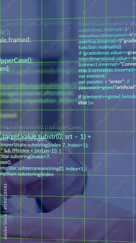 Poster working on animation, person using computer with code and data grid overlay
