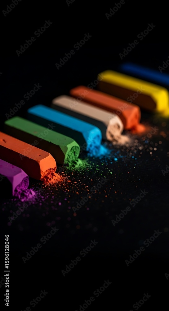 Poster a row of colorful chalk sticks with pigment dust on a black surface, creating a vibrant and artistic