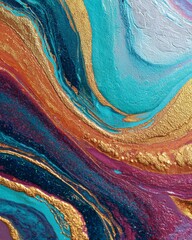 Close-up of abstract acrylic art featuring flowing curves and layered textures