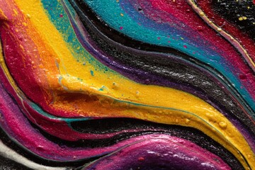 Close-up of abstract acrylic art featuring flowing curves and layered textures