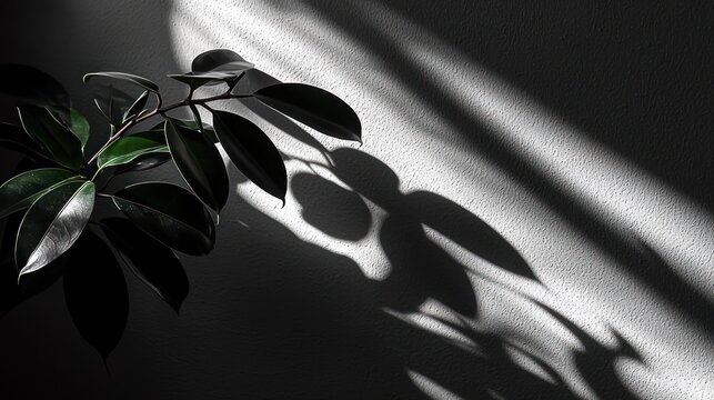 Dramatic lighting showcases a plant's shadow against a textured wall surface