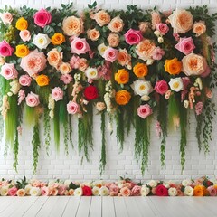 Fototapeta premium A vibrant floral arrangement cascading down a white brick wall, evokes a cheerful and romantic mood.