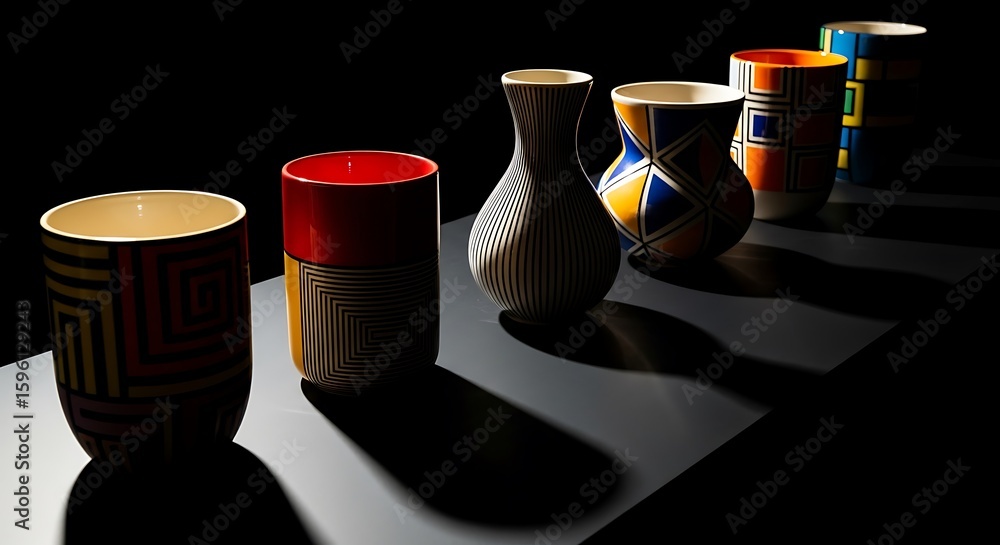 Poster a row of six decorative ceramic vases and mugs with colorful geometric patterns and designs, casting