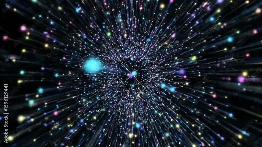 Poster a swirling ethereal abstract image with various colored points of light and dark lines converging to