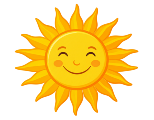  Happy Cartoon Sun with Smiling Face and Radiant Rays, Isolated on Transparent Background PNG