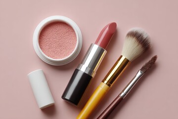 Flat lay of assorted makeup products like lipstick, brushes, and compact powder with soft pastel backdrop