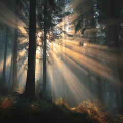 Bright, sunlit forest. Rays of light stream through tall trees