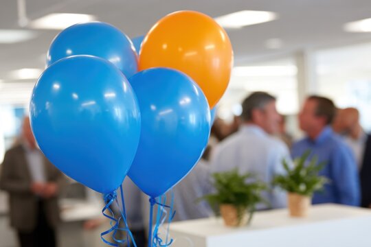 Modern office space decorated with balloons and banners celebrating a work anniversary milestone, with colleagues engaged in lively congratulatory speeches and gift exchanges