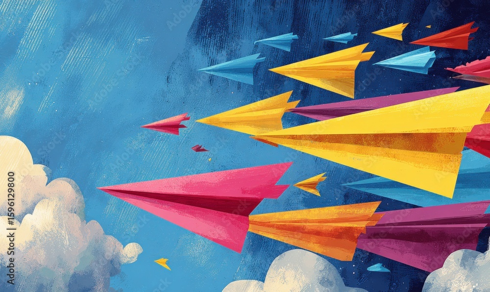 Poster vibrant abstract illustration of multiple colorful paper airplanes flying through a bright blue sky 