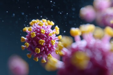 Obraz premium 3D model of virus particles with spike proteins floating in microscopic view
