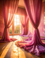 Elegant chiffon curtain with peach to violet gradient floating in warm golden hour sunlight through side window
