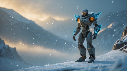 A majestic synthetic sentinel, with a metallic exoskeleton adorned with icy blue accents, stands vigilant on a snow-encrusted ridge