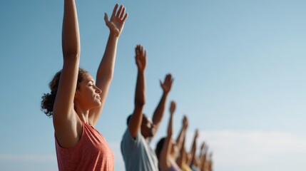 Multicultural group practicing yoga outdoors, stretching arms skyward amid green landscape, embodying wellness through synchronized movement and serene connection with natural environment