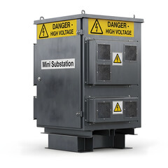 Mini substation with warning signs for high-voltage transformer