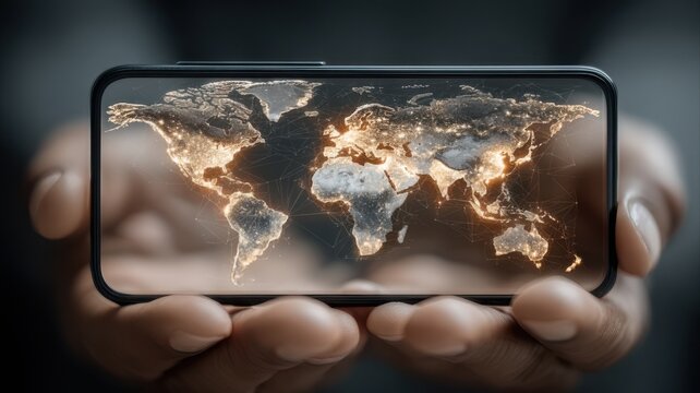 Person holding a phone displaying a world map