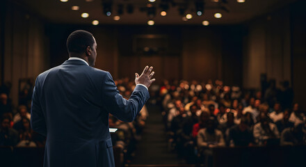 Motivational speaker presenting to a large audience at a business conference, inspiring growth and success for all attendees.