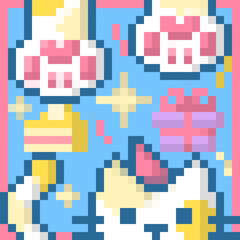 Cute Pixel Art Cat with Cake and Gifts Kawaii Birthday Party Illustration