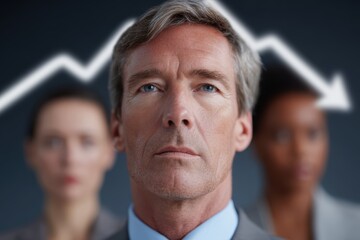 Depiction of an economic recession concept with downward trending graphs and worried businesspeople