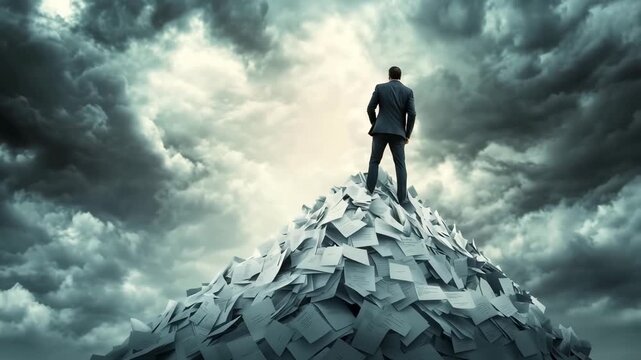 A lone figure in a business suit stands triumphantly atop a mountain made of scattered papers, gazing at the turbulent sky filled with dark clouds. The atmosphere is tense and charged