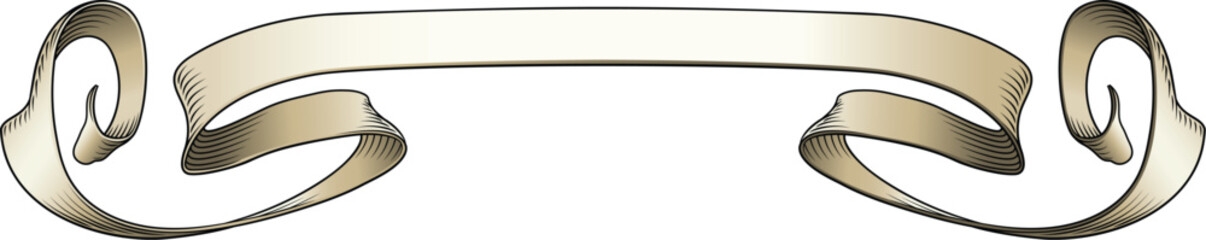 A scroll or banner ribbon paper parchment design element in a vintage woodcut etching style.