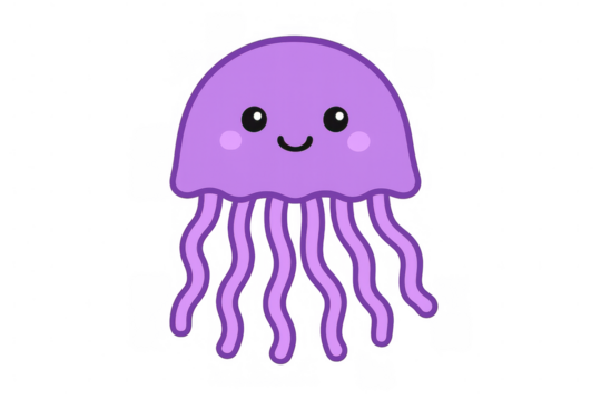Cartoon-style illustration featuring a friendly purple jellyfish, smiling and floating gracefully against a transparent background