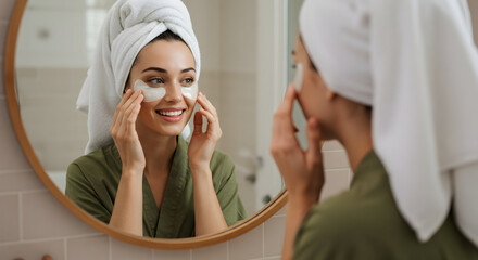 Radiant and refreshed, this woman enjoys her self-care routine with under eye patches, achieving a youthful glow and healthy skin for a confident and happy morning.
