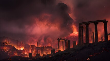 Panorama of Ancient Troy in Ruins Amid Volcanic Eruption