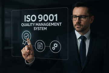 Obraz premium Businessman interacting with transparent digital screen displaying ISO 9001 Quality Management System interface, representing certified businesses, process optimization, and complince management, 