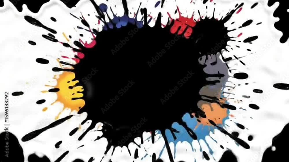 Poster black ink splatters on a white background with black border creating a highcontrast abstract pattern
