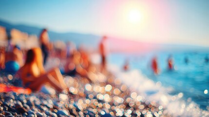 Summer beach scene with people relaxing playing in the sun