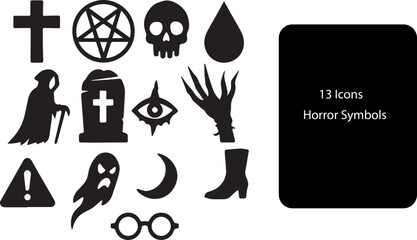Horror Icons Silhouette Set – Gothic Halloween Symbols Featuring Skull, Cross, Cloaked Figure, and Clawed Hand