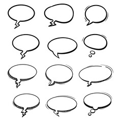 Various hand-drawn speech bubbles in black and white offering communication possibilities