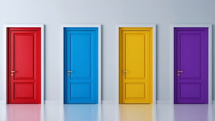 Four brightly colored doors stand closed in a minimalist white room offering multiple possibilities.