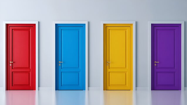 Four brightly colored doors stand closed in a minimalist white room offering multiple possibilities.