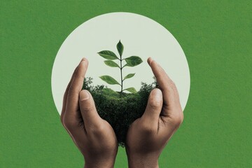 Hands Holding Green Plant Growing in Soil with Bright White Background