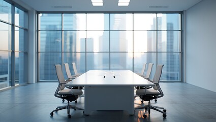 Sleek, contemporary boardroom featuring modern furnishings and a panoramic city view at daytime.