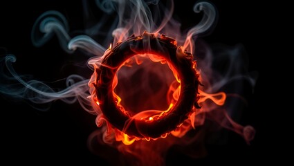 Fototapeta premium Fiery ring encircled by smoke, a dark and dramatic rendering showcasing intense heat and energy.