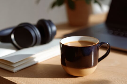 Remote work setup featuring laptop, headphones, coffee cup, and notebook on a cozy home desk