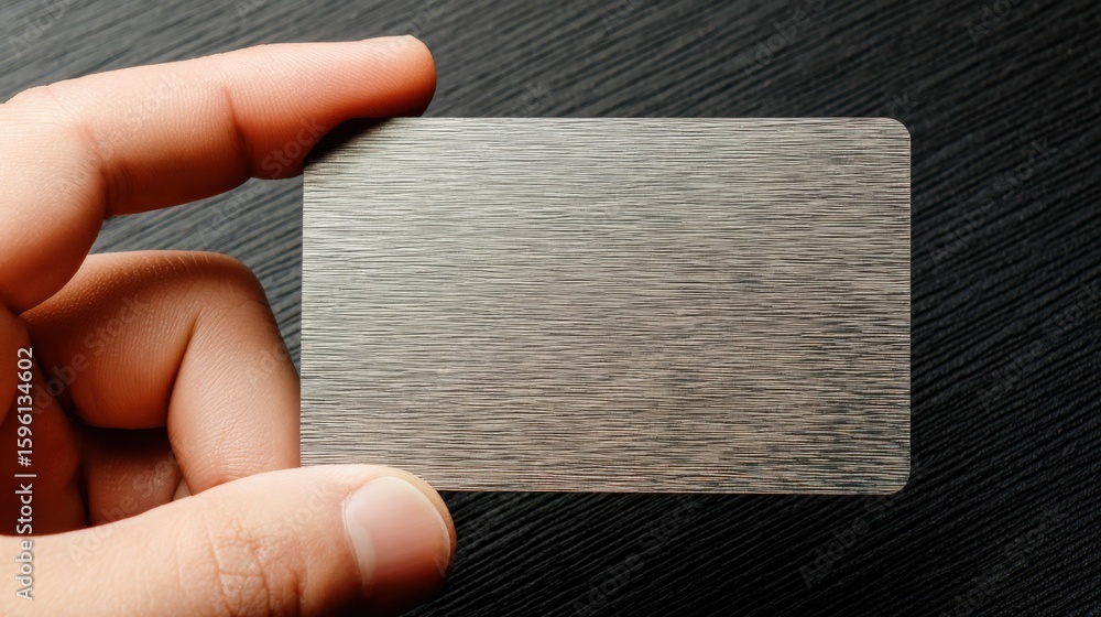 Poster close-up of a hand holding a blank gray rectangular card with textured surface and rounded edges aga