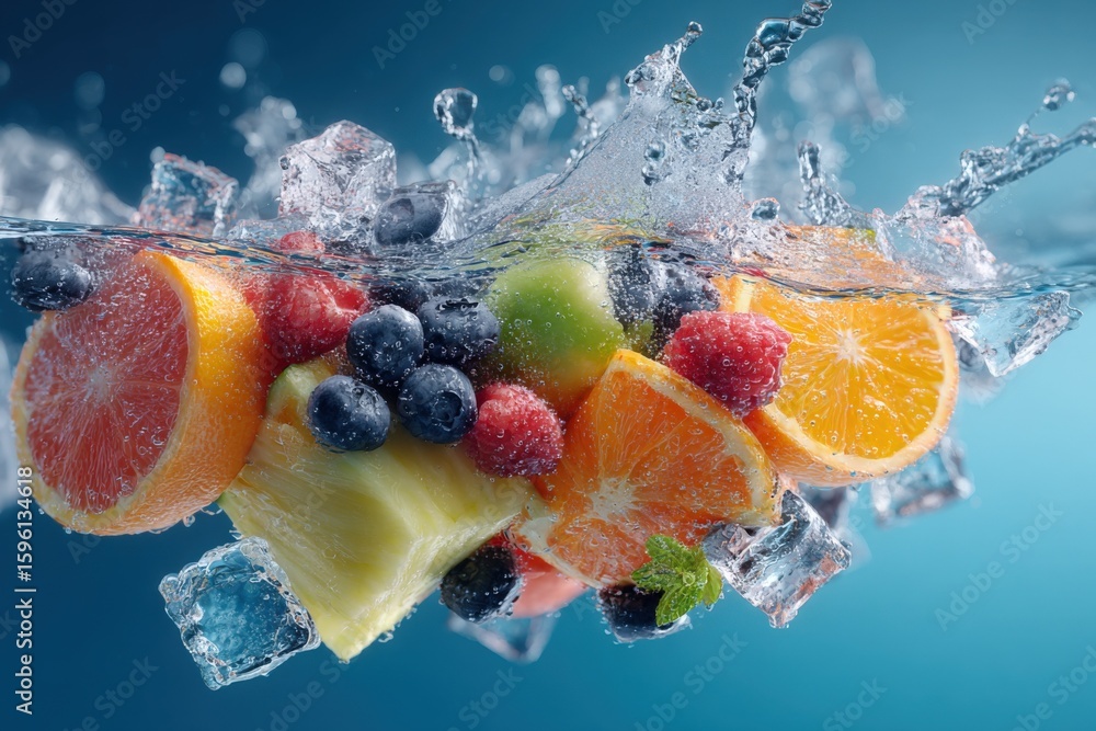 Poster fresh assorted sliced fruits including citrus berries and with ice cubes and water splash motion in 