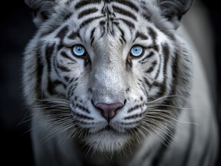 Fototapeta premium Close-up of a majestic white tiger with piercing blue eyes showing detailed facial features and distinctive black stripes on a dark background