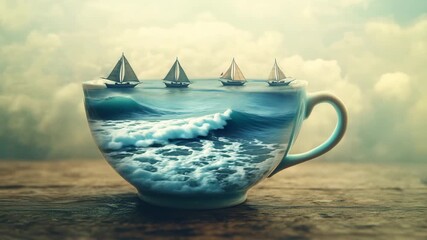 An imaginative scene unfolds as miniature sailboats navigate through vibrant ocean waves inside a cup. This captivating artwork showcases the blend of daily life and ocean adventures