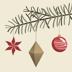 Minimalist Christmas Banner Modern Vector Illustration with Ornaments, Striped Baubles, and Festive Typography