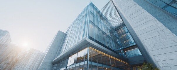 Modern glass office building with reflective , sleek architecture, and city skyline background under clear sky du daytime